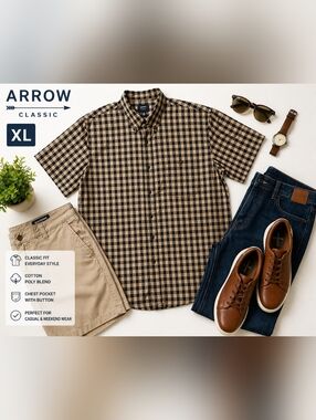 Classic Men’s Plaid Gingham Short Sleeve Button Down Shirt Pocket Cotton Blend